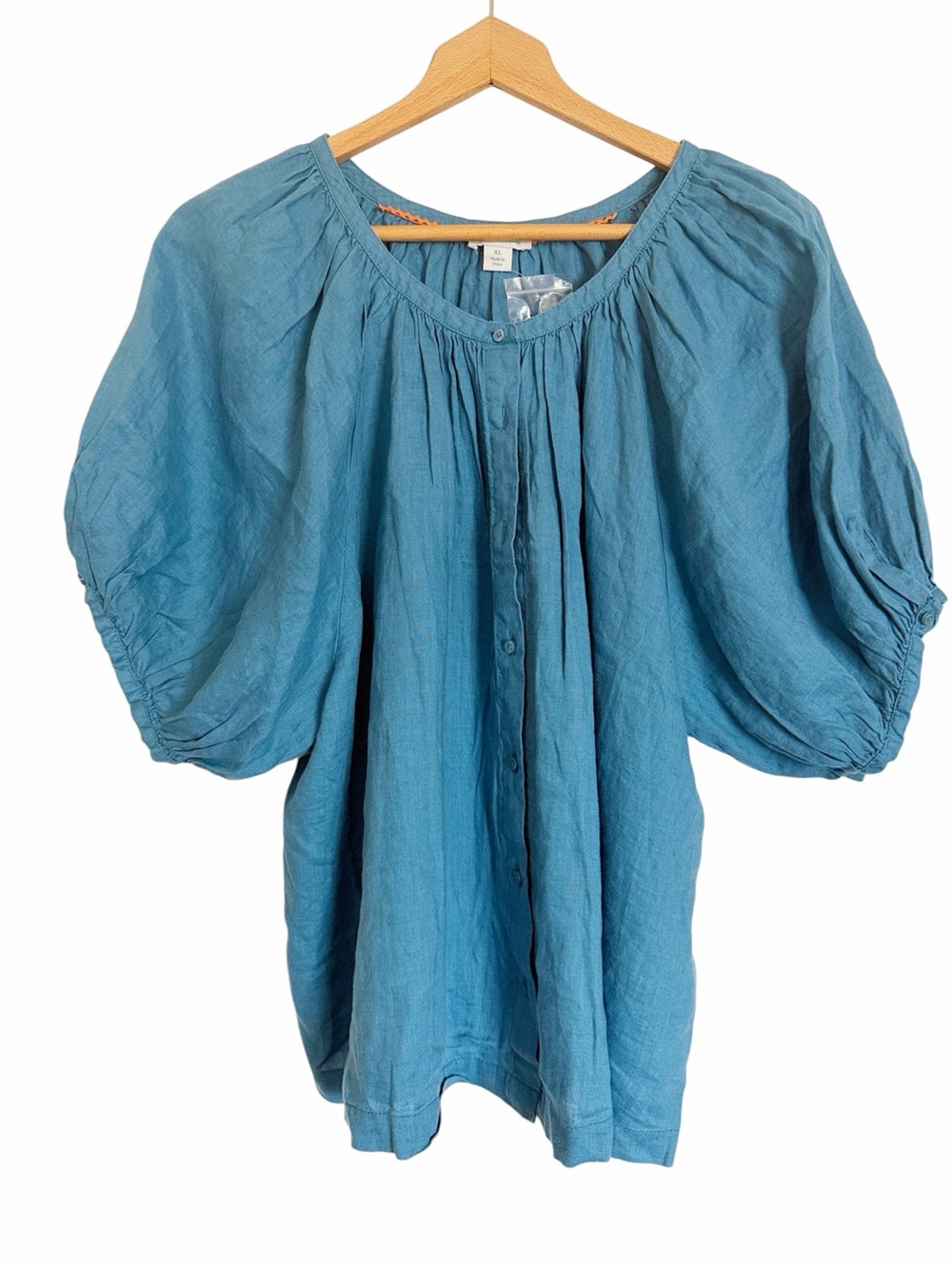 Sundance Linen Graceful Days Bubble Puff Sleeve Blue Button Front Blouse size XL
